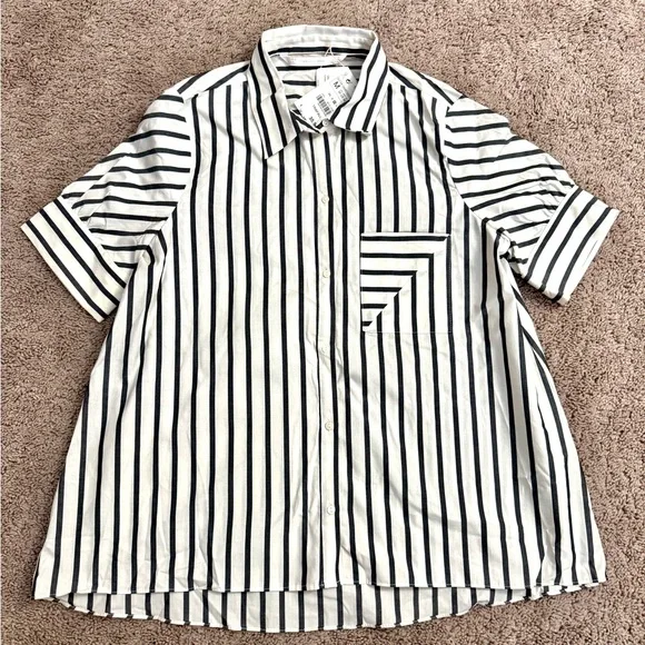 Zara Button Shirt Women size Medium Black Stripe Collar Short Sleeve Top - Picture 1 of 8